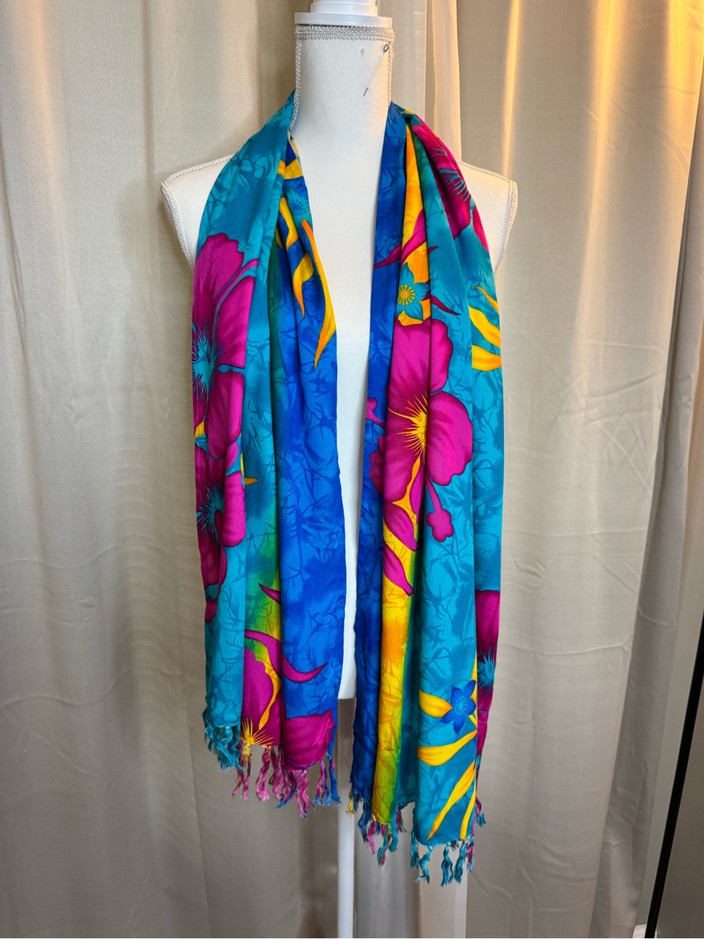 Vibrant Tropical Floral Tassel Scarf Wrap Cruise Wear Blue Pink Yellow 70x22 - Picture 2 of 10